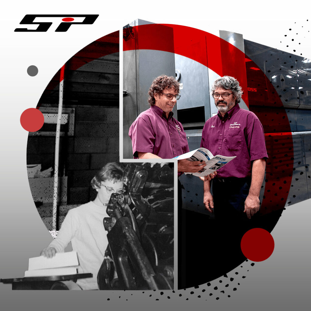 Schumann Printers, Inc. logo with images of past and present printing employees