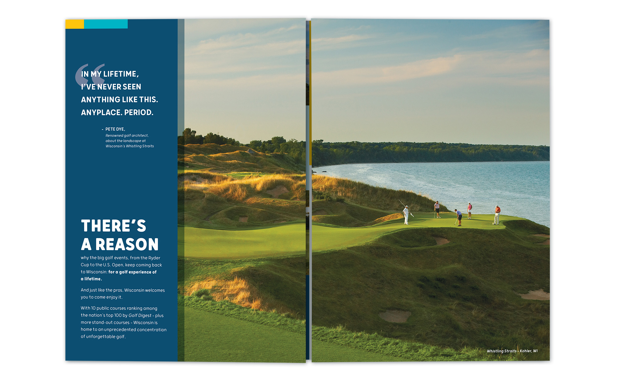 Gated fold interior of the golf print piece featuring a golf course and a lake in the background